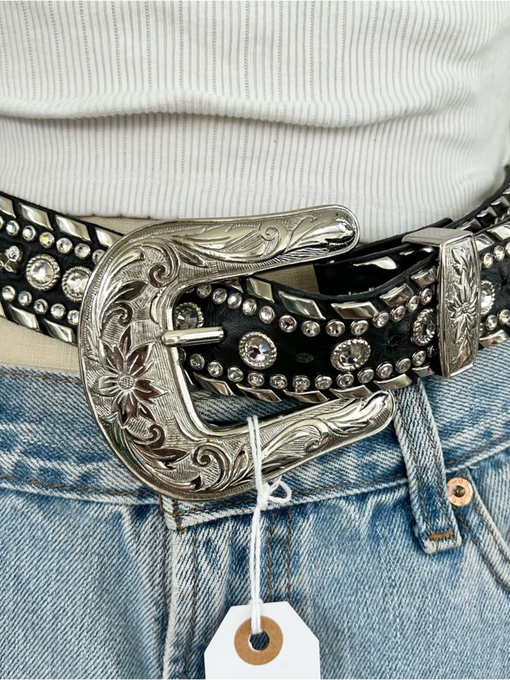 Kippy’s Rhinestone Studded Western Belt Big Buckle Black Leather Silver Accents - Picture 2 of 7